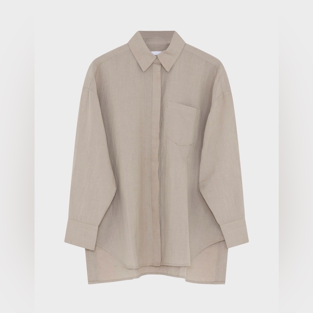 Scandinavian designer tan linen Beige button down long sleeved shirt neutral 6